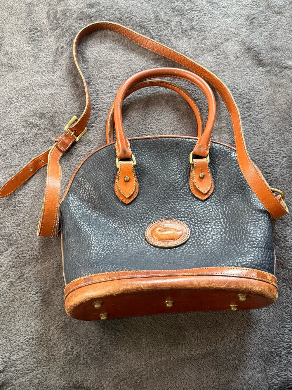 Dooney & Bourke Black Pebbled Leather Satchel with Brown Trim